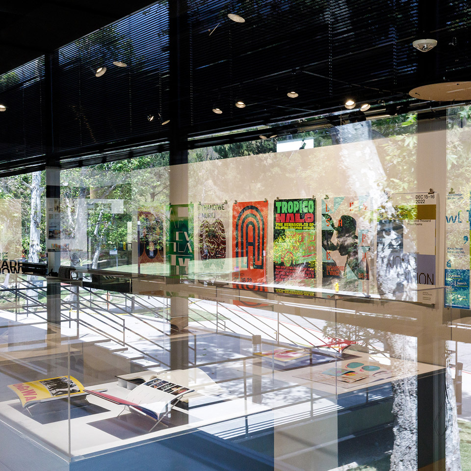 gallery display reflected in glass