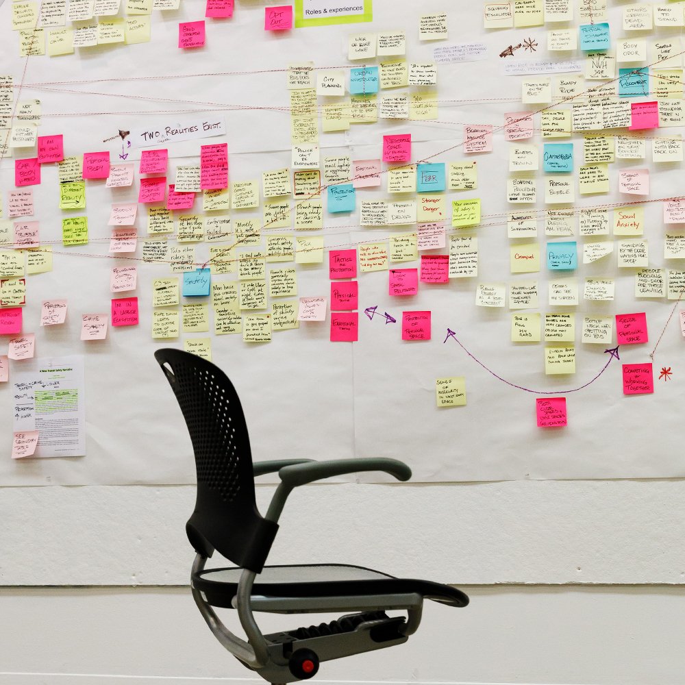 Empty chair and wall covered in post it notes