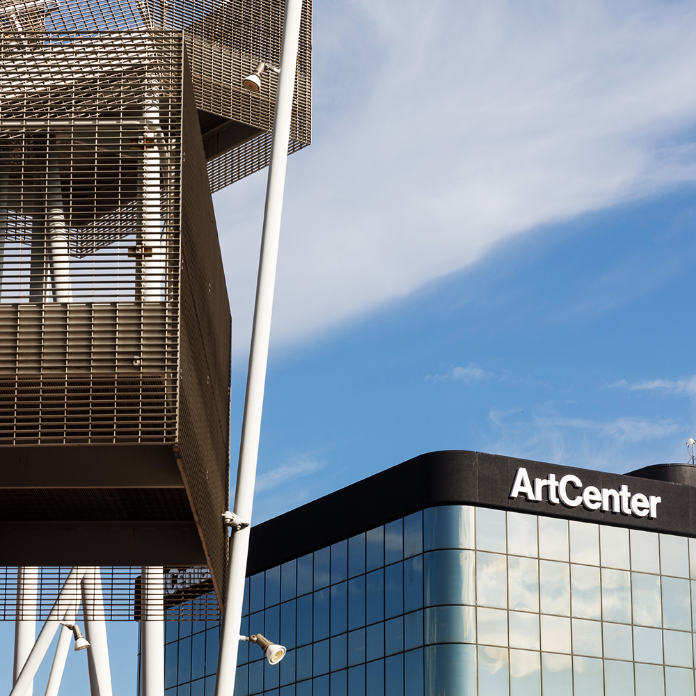 View of ArtCenter's 950 and 1111 buildings with blue sky and clouds