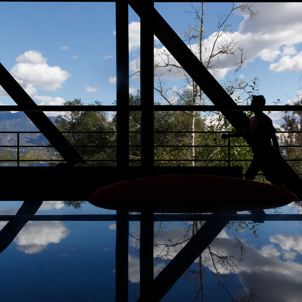 Veiw of ArtCenter's Ellwood building bridge and reflection